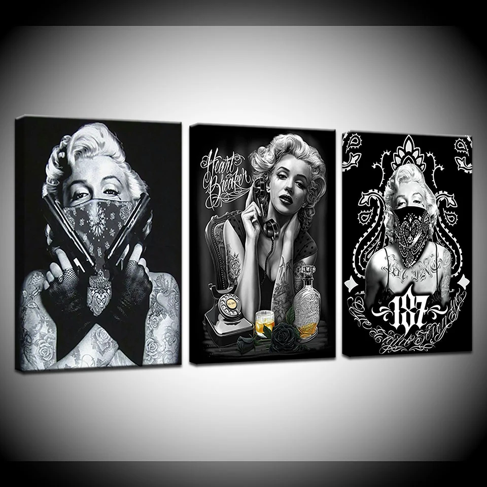

Tattoo Marilyn Monroe Art Prints Black White Pop Art Poster Sexy Portrait Canvas Wall Pictures 3 panel for Home Office Decors