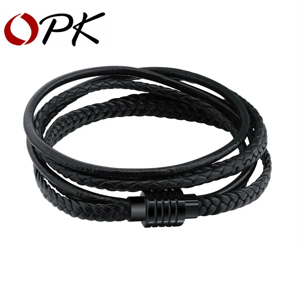 OPK Hamdmade многослойный мужской кожаный браслет с магнитной пряжкой крутой плетеный