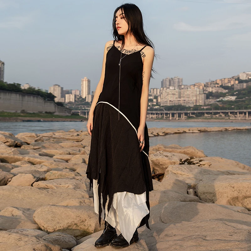 Новый 2019 Для женщин летние однотонные черные асимметричное платье с юбкой солнце