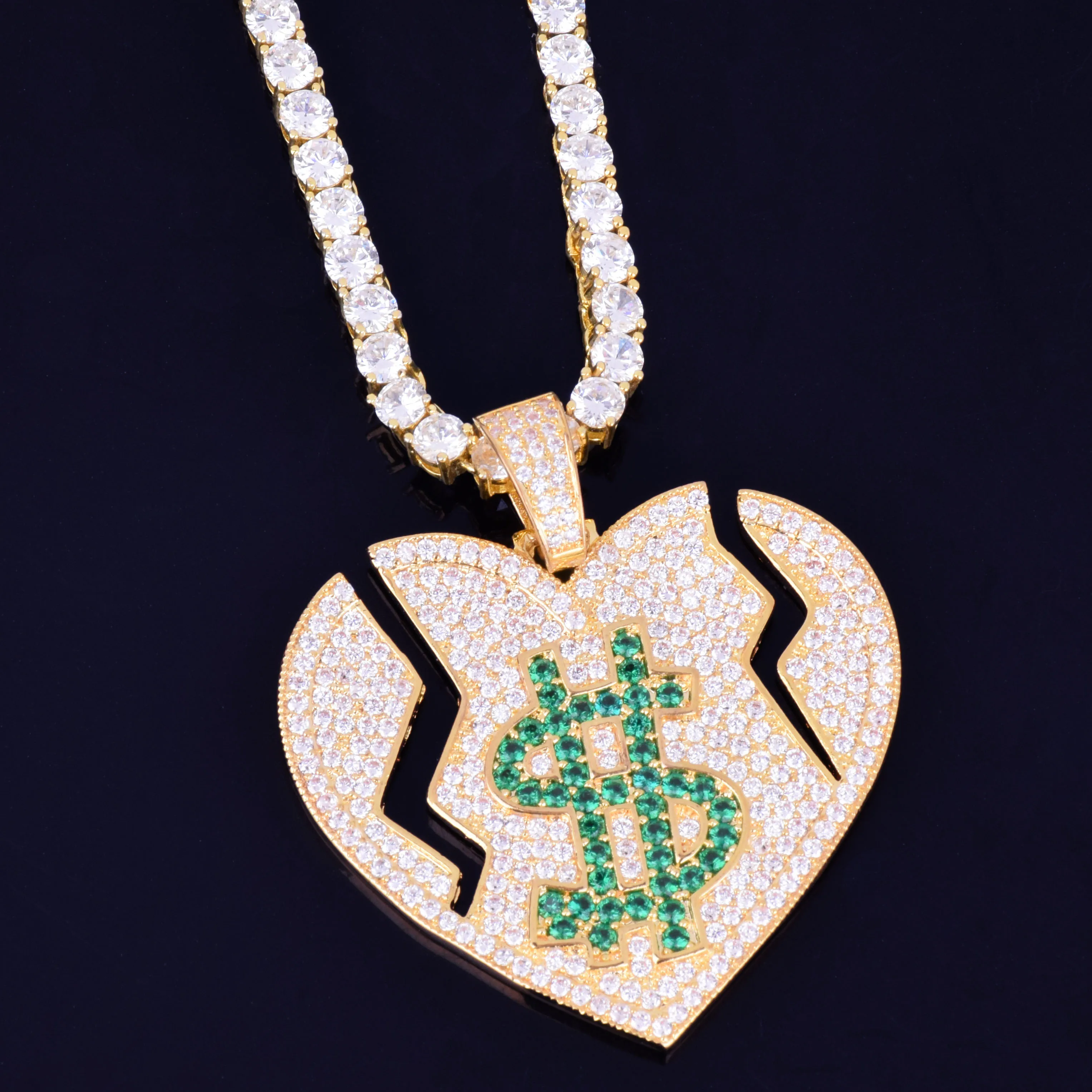Iced Out Broken Heart Dollar Symbol Love Pendant Necklace With Tennis Chain AAA Cubic Zircon Men's Women Hip hop Rock Jewelry