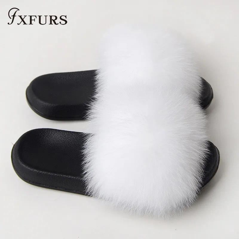 FXFURS/ г.; модные женские шлепанцы с лисьим мехом; сезон лето; пушистый мех; шлепанцы; пляжные скандалы; уличная ярмарка; шлепанцы; модная плюшевая обувь - Цвет: white