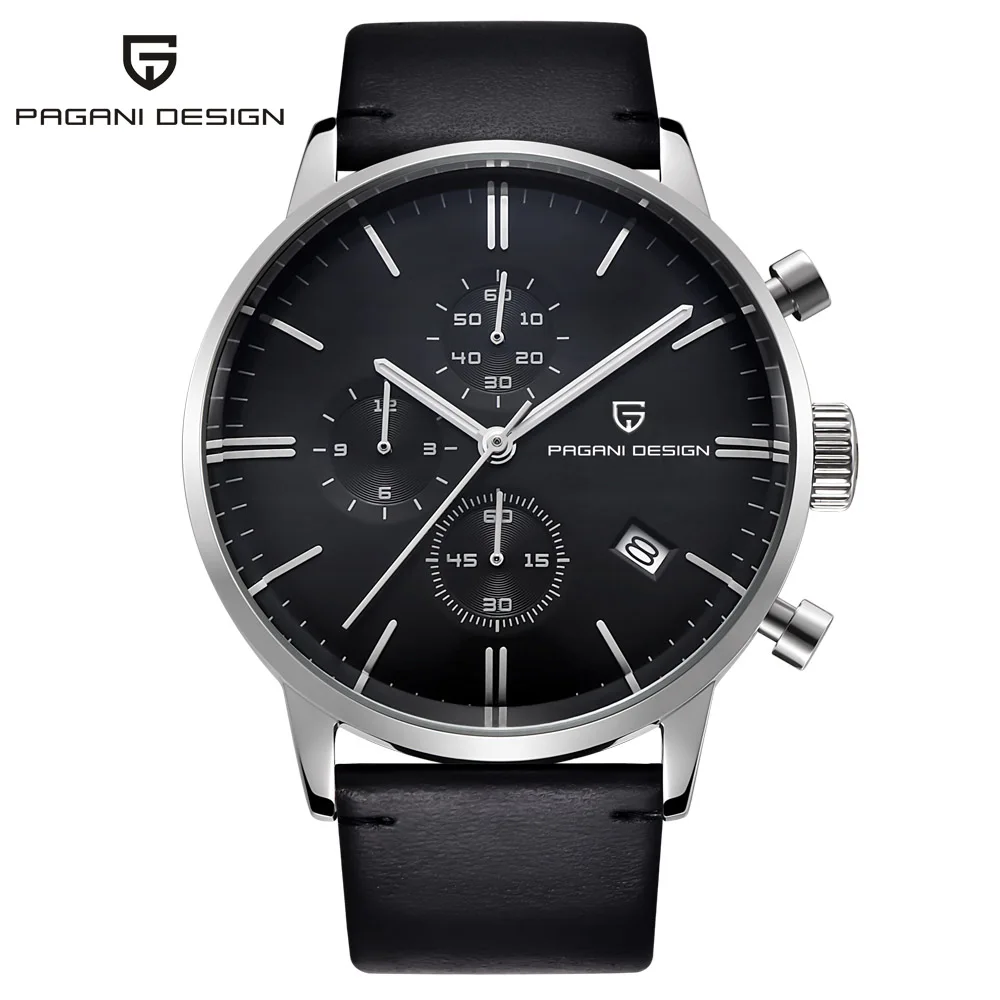 leather silver black Мужские часы Топ бренд класса люкс водонепроницаемые 30 м натуральная кожа японский Seiko VK67 движение кварцевые часы для мужчин Relogio Masculino - Цвет: leather silver black