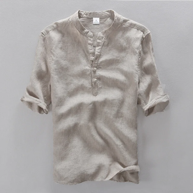 2017 Мужская льняная рубашка с коротким рукавом однотонная Повседневная