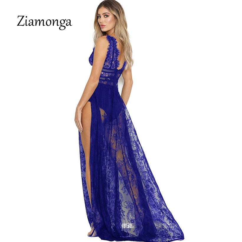 Ziamonga Для женщин летние длинные платья макси цветочные кружева рукавов Boho вечерние платье пикантные Разделение спинки Туника пляжное платье