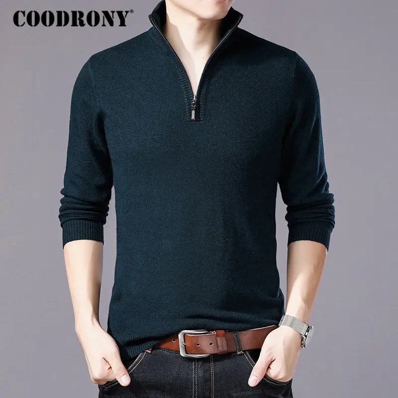 COODRONY, свитер из мериносовой шерсти, мужской, Повседневный, на молнии, водолазка, пуловер, для мужчин, Осень-зима, толстый, теплый, мужские свитера, Pull Homme W001