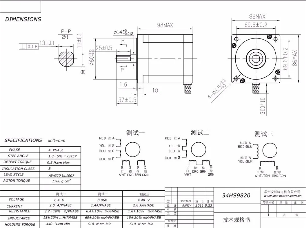 ACT  1 . Nema34   34HS9820 890oz-in 98  2A 8-Lead Single Shaft CE ISO ROHS US CA DE UK JP Free