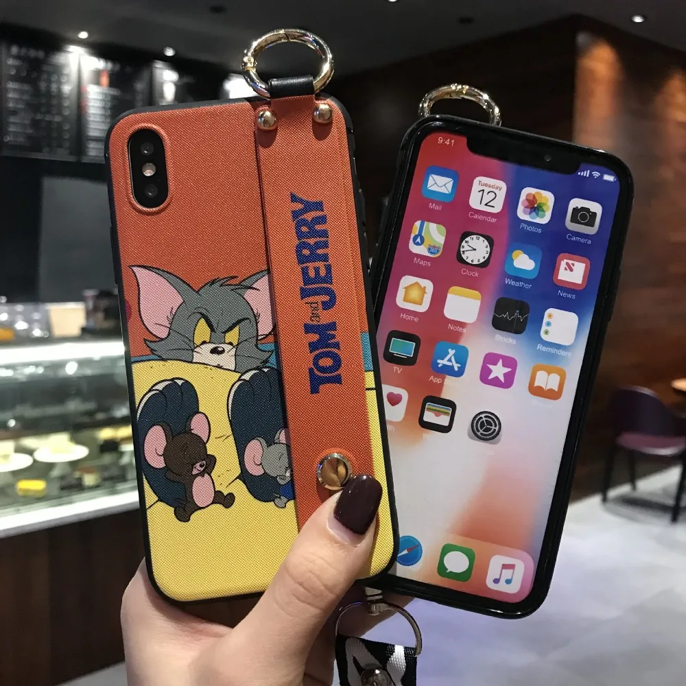 Забавный чехол с рисунком том Джерри для iPhone X, XR, Xs, Max, 8, 7, 6, 6s Plus, чехол на запястье, тканевый чехол с ремешком через плечо