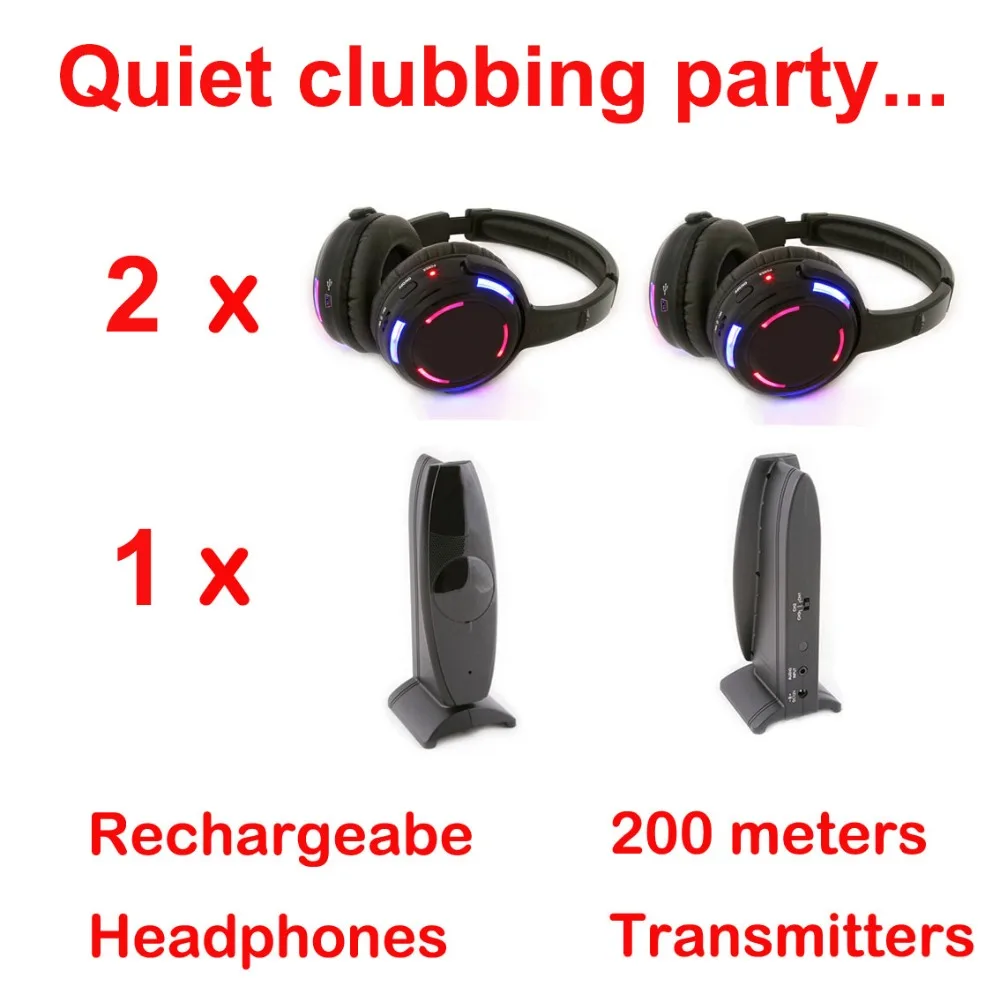 

Silent Disco compete system black led wireless headphones - Quiet Clubbing Party Bundle (2 Headphones + 1 Transmitters)