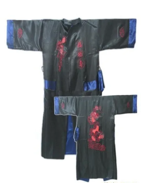 Black Navy Blue Бордовый цвет, черный цвет, двустороннее платье Hombre Pijama китайский Для Мужчин's атласные шелковые двух-лицевая сторона кимоно с вышивкой с изображением дракона, один размер S3003 - Цвет: Black Navy Blue