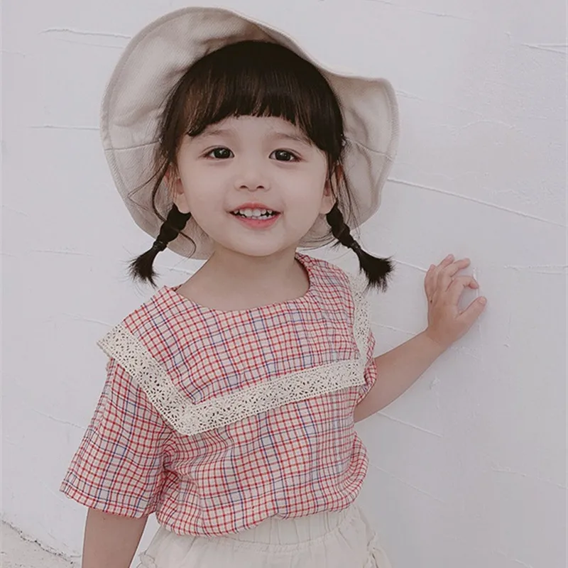 

2019 Summer Baby Girl Short Sleeve Plaid Princess Tshirt Kids Girl Fashion Cotton Tops Toddler Clothes 2-7Years