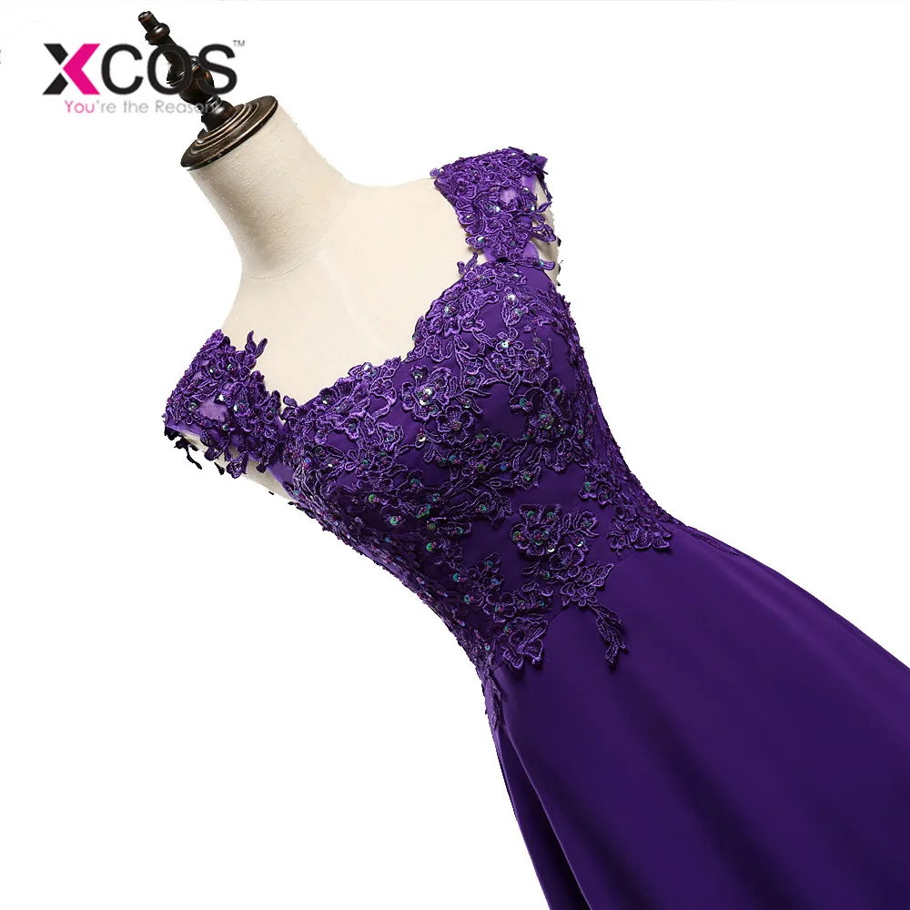 XCOS плюс размер кружева два плеча Королевский Фиолетовый шифон Кружева Длинные