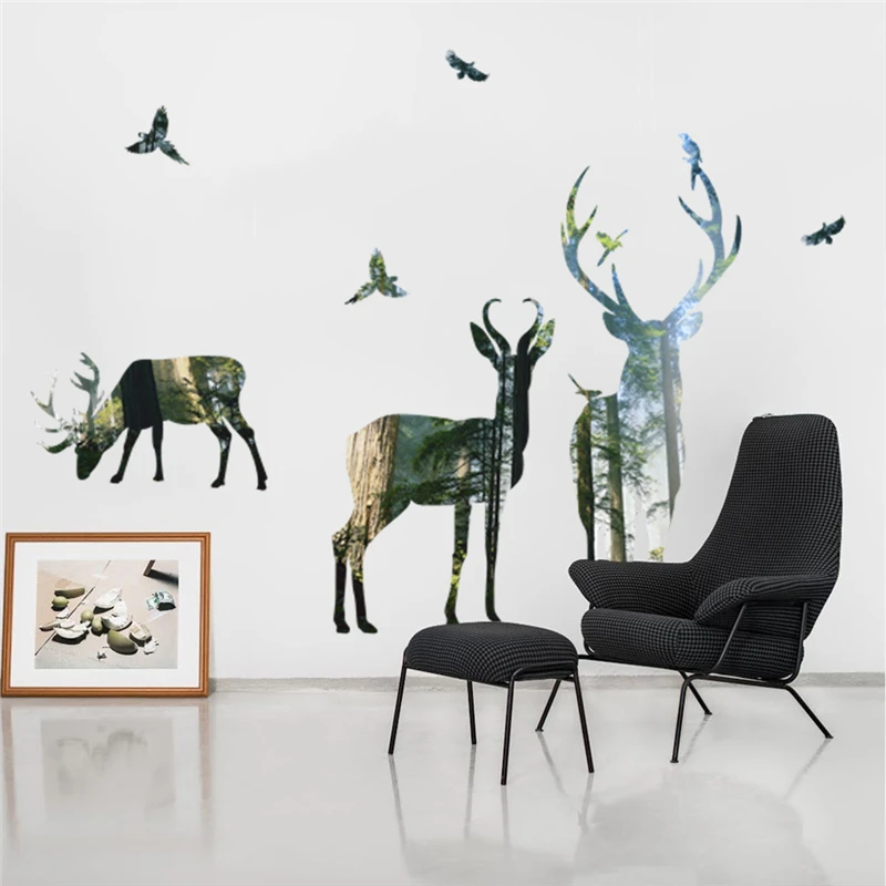 3d view nature forest deer wall decals home decor living room bedroom pvc stickers diy poster mural art decoration | Дом и сад