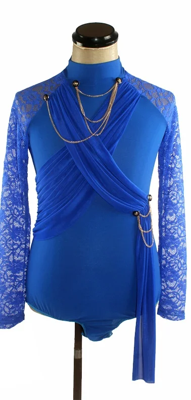 Royal blue Мужские рубашки для латинских танцев, кружевной принт, длинный рукав, высокий воротник, Мужской Топ для соревнований, выступлений, танцев, ча-Румба, Самба, DNV11331 - Цвет: Royal blue