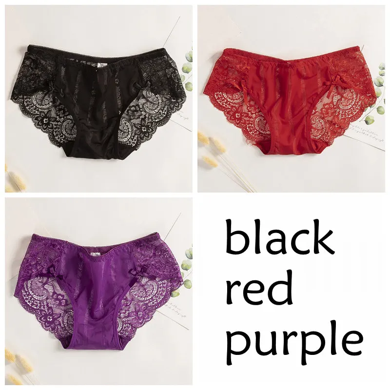 black red purple SP& CITY, 3 шт., однотонный кружевной сексуальный комплект нижнего белья с вышивкой, женские бесшовные трусики с бантом, прозрачные трусы, женское нижнее белье, стринги - Цвет: black red purple