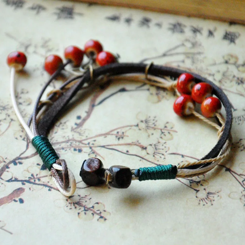 

30 Pieces/Lot Ceramic Red Beads Strand Pendants Bracelet Double Leather Bracelets For Women Charm Bead Jewelry Multilayer Bangle