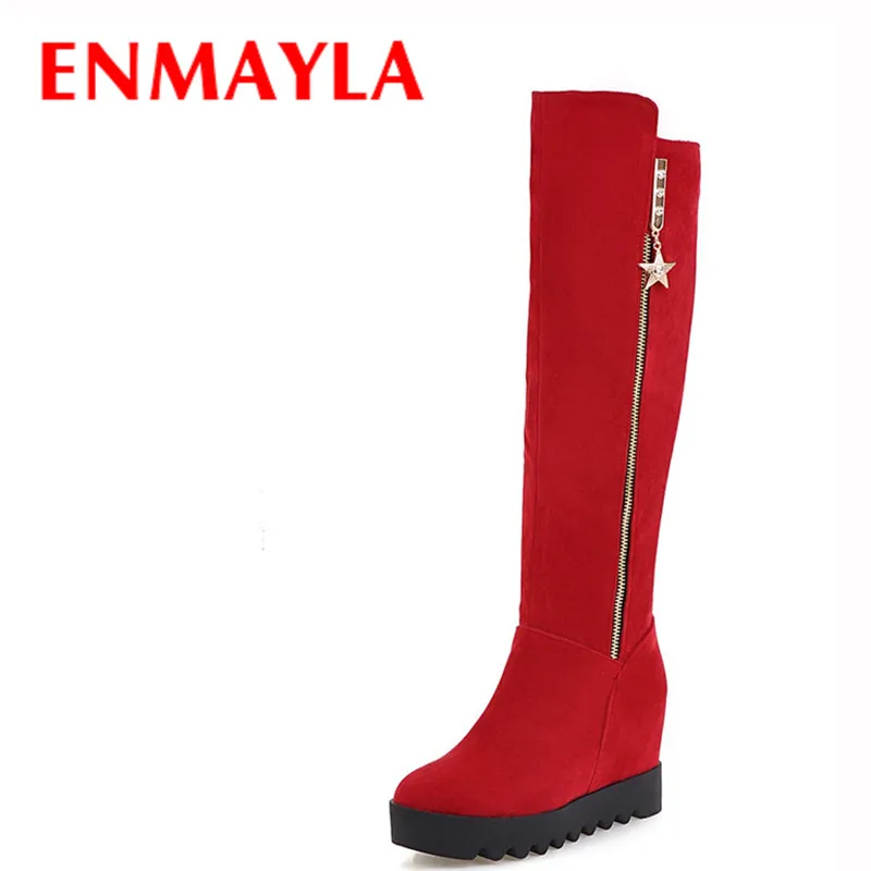 

ENMAYLA Flock High Heels Shoes Woman Slip-On Metal Zip Winter Knee-high Boots Height Increasing Platform Warm Boots Big Size