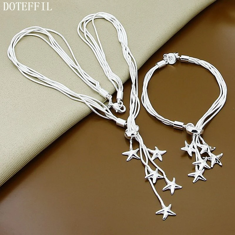 DOTEFFIL 925 Sterling Silver Five Starfish Snake Chain Necklace Bracelet Set For Woman Wedding Engagement Party Charm Jewelry | Украшения и