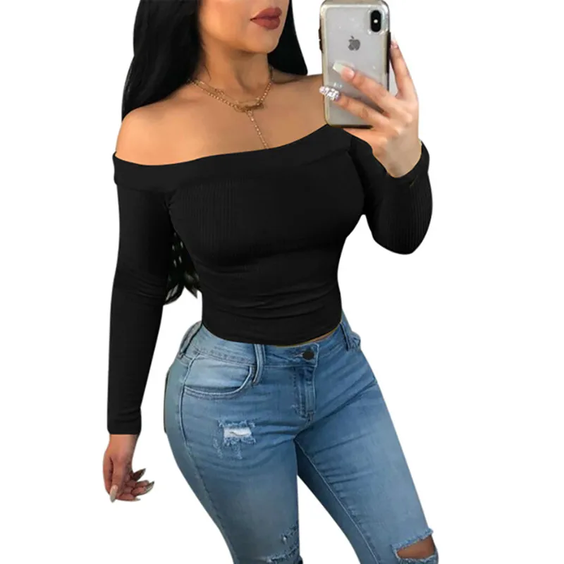 yashangyi Autumn Spring Women T Shirt Tops 2018 Sexy Off Shoulder T-Shirts Long Sleeve Harajuku Short TShirts Polera 3XL | Женская