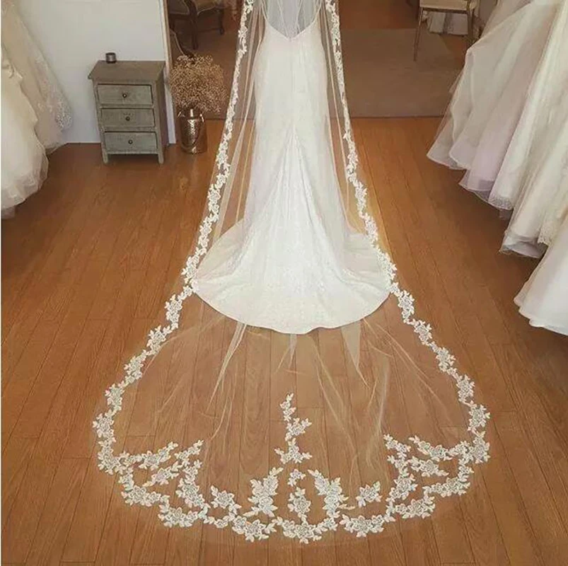 

New Fashion Hot One Tier 3M Length Cathedral Long Lace With Appliques Handmade White Ivory Free Comb Wedding Bridal Veils