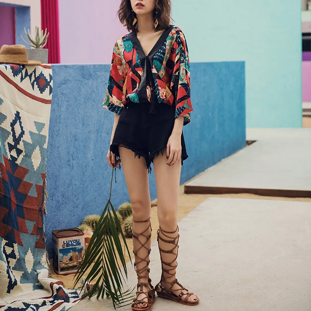 Boho Этническая шифоновая блузка рубашка пуловер с животным принтом высокая