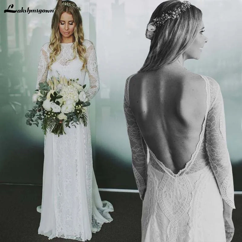 Robe de Mariage Пляжное кружевное свадебное платье с длинным рукавом и открытой спиной