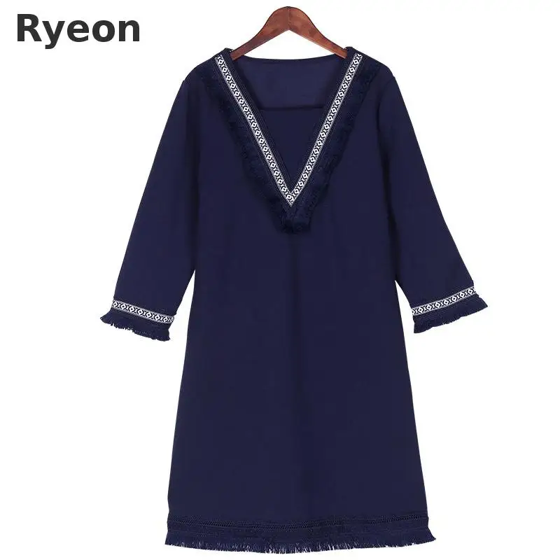 Ryeon 5xl Плюс Размер Женщины Кисточкой Платья Линия Твердые выше Колена Мини Длина