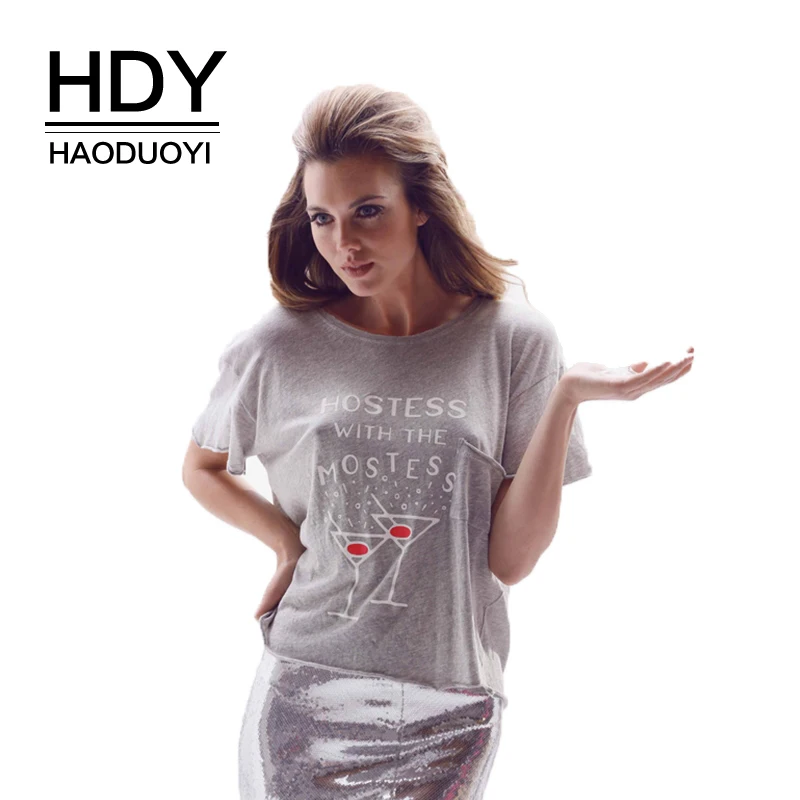 HDY hoduoyi модные женские туфли Футболка серая с принтом букв экипажа Средства ухода