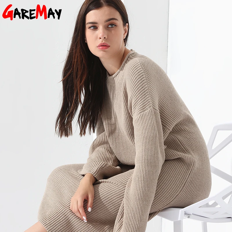 Длинное платье-свитер Женский пуловер Свободный вязаный длинный рукав Vestidos Longo