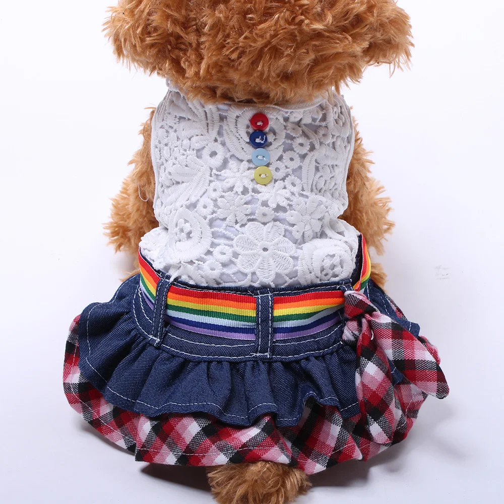 

New Plaid Dog Dress Coat Jacket Denim&Lace Pet Puppy Shirt Skirt Autumn/Spring Apparel 2 Colours 4 Sizes