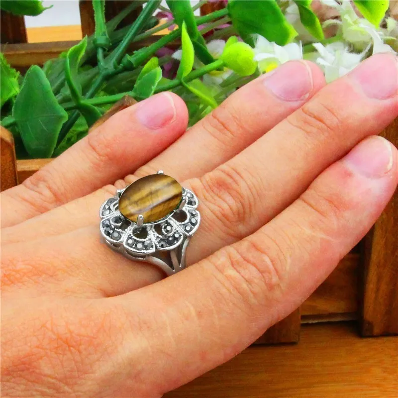 Oval Natural Tiger Eye Rings For Women Vintage Look Antique Silver Plated Rhinestone Plum Flower Fashion Jewelry TR692 | Украшения и