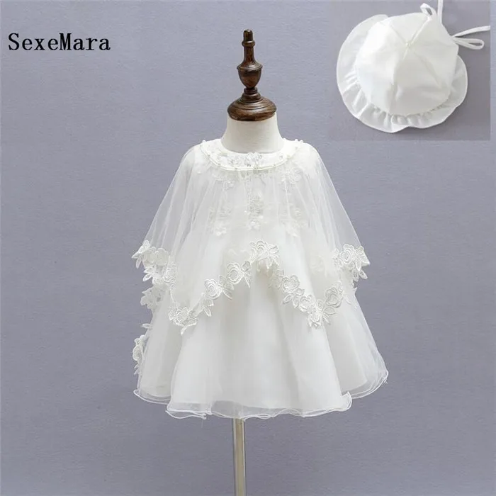 

White 3 Pieces Baby Girl 1 Year Birthday Dresses Infant Princess Lace Christening Gown with Cape Toddler Bebes Baptism Clothes