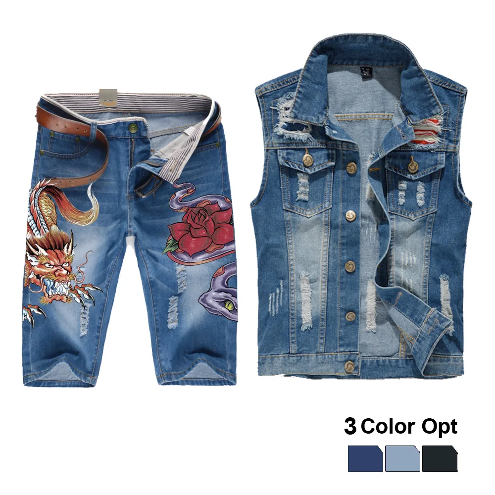 Мужской джинсовый жилет и куртка в стиле ретро рваный облегающий топ с дырками джинсовые короткие брюки 1/2