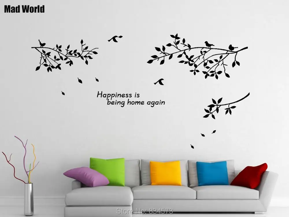 Безумный мир-ветви дерева Птицы счастье быть дома стены искусства стикер