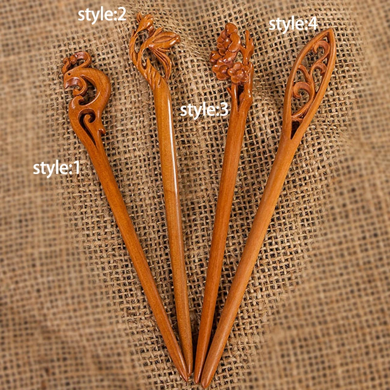 4 style Retro Women Hair Accessories Ethnic Lady Wooden Handmade Carved Flower Chopstick Stick Pin Wood Clasp JL |