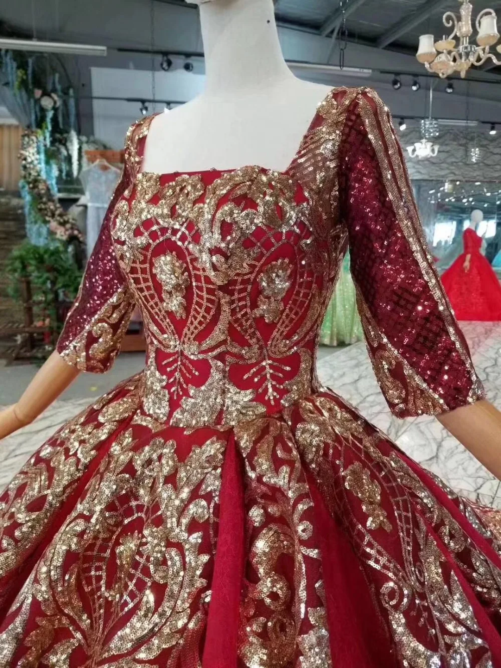 PEORCHID Dubai Luxury Gold Sequin Evening Dress With Sleeves 2019 Keyhole Back Wine Red Arabic Formal Gowns Vestidos De Madrinha
