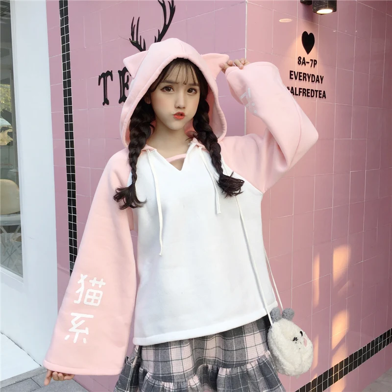 Harajuku Kawaii женский Толстовки с капюшоном японский милый кот волшебные слова