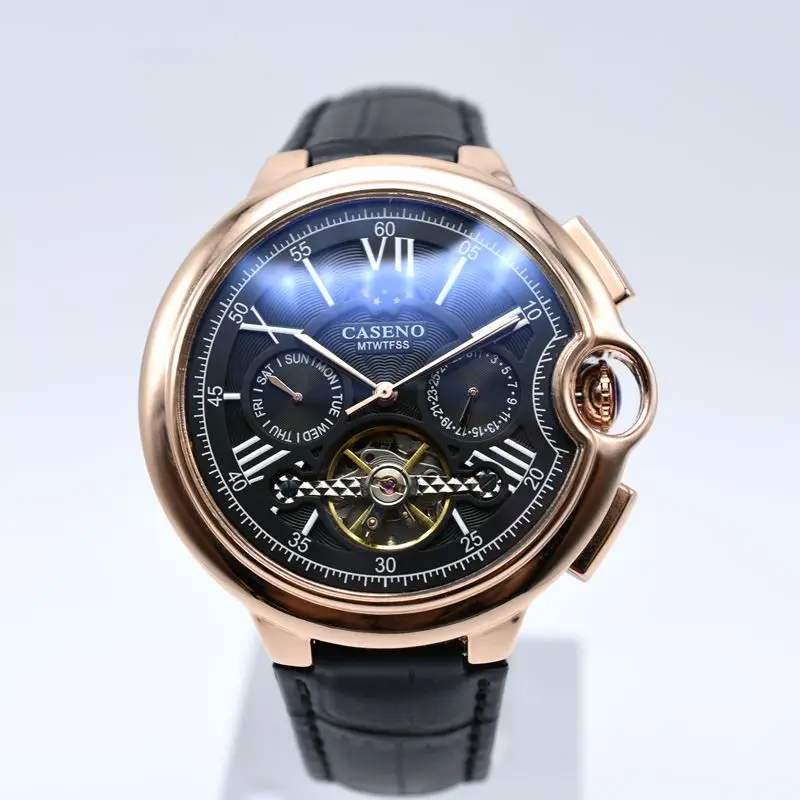 CASENO Tourbillon Мужские часы Топ бренд класса люкс ремень часы для мужчин автоматические механические наручные часы Скелет спортивные мужские часы relogio - Цвет: Черный