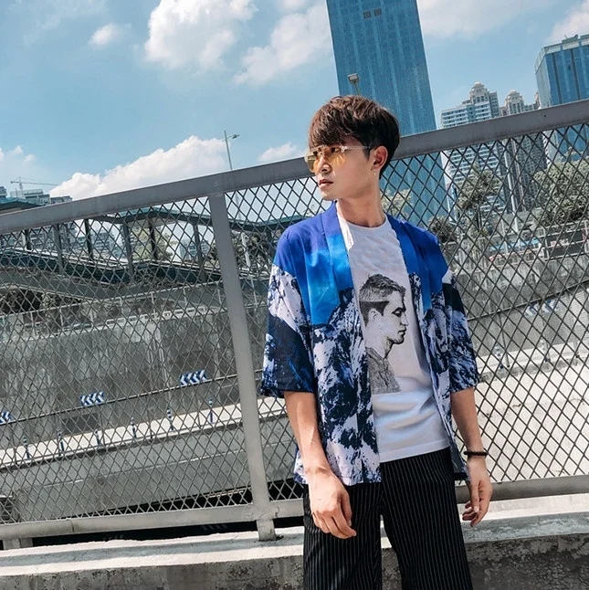 Мужская свободная летняя куртка в японском стиле кимоно с рукавом 3/4 кардиган