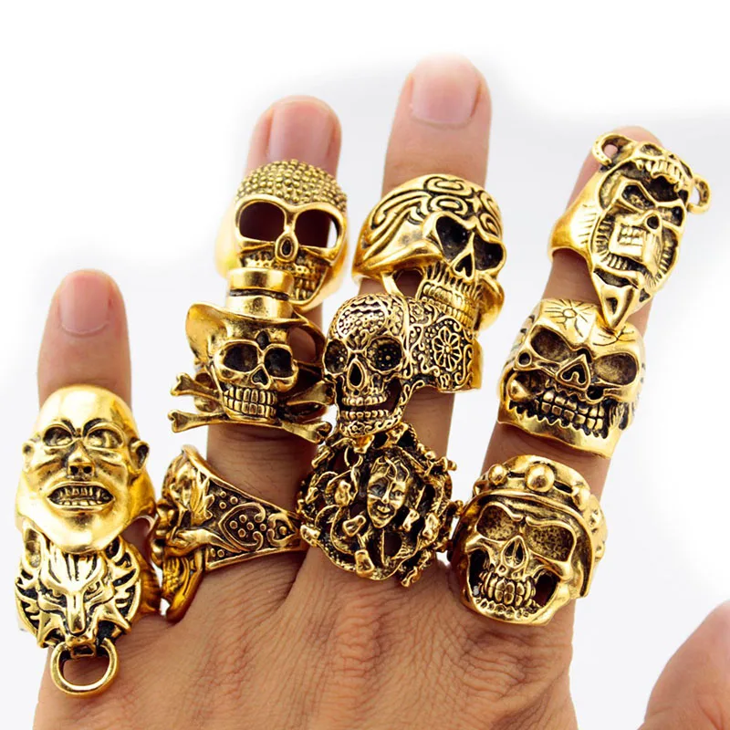 

12 Piece/lot Wholesale Mix Big Skull Ring In Jewelry Gold Plate Top Quality Bohemian Statement Punk Ring For Men Free Shipping