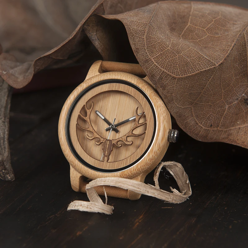 Бобо птица часы бамбуковые часы для мужчин женщин Скелет Олень Buck Head дизайн дерево кварцевые часы relogio masculino C-A27