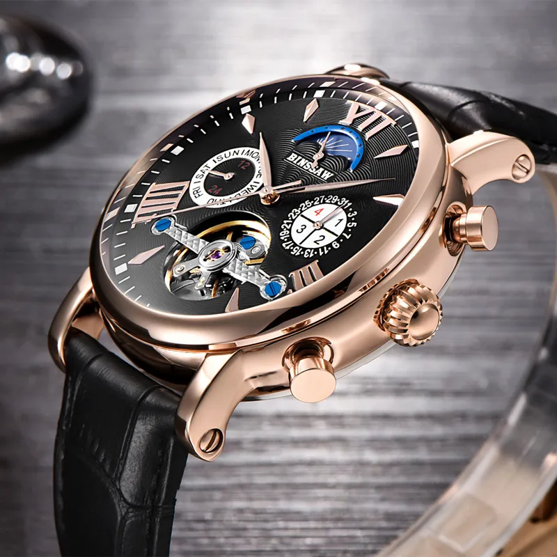 Часы BINSSAW Мужские механические с автоподзаводом и кожаным ремешком | Наручные