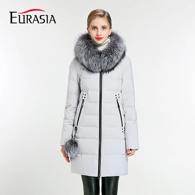 A4 Gray Женская зимняя куртка с капюшоном EURASIA, длинная куртка в новом дизайне с капюшоном, плотная хлопковая парка, стильные голубые куртки с воротником из натурального меха, Y170016, зима - Цвет: A4 Gray