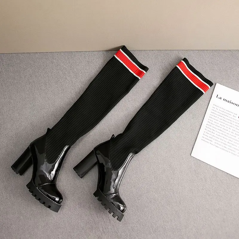 

ALLBITEFO genuine leather+Knitting wool women boots High quality women fashion high heel women knee high boots Autumn Winter