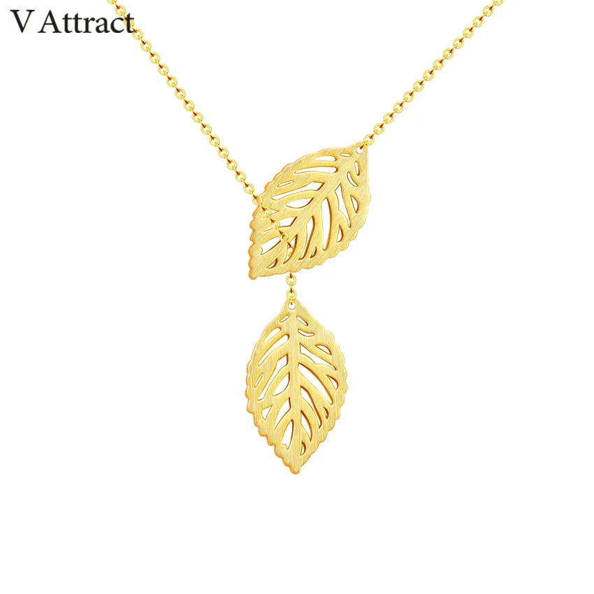 V Attract Boho Jewelry Gold Ketting Choker Women Stainless Steel Collier Double Leaf Charm Lariat Necklaces &amp Pendants | Украшения и
