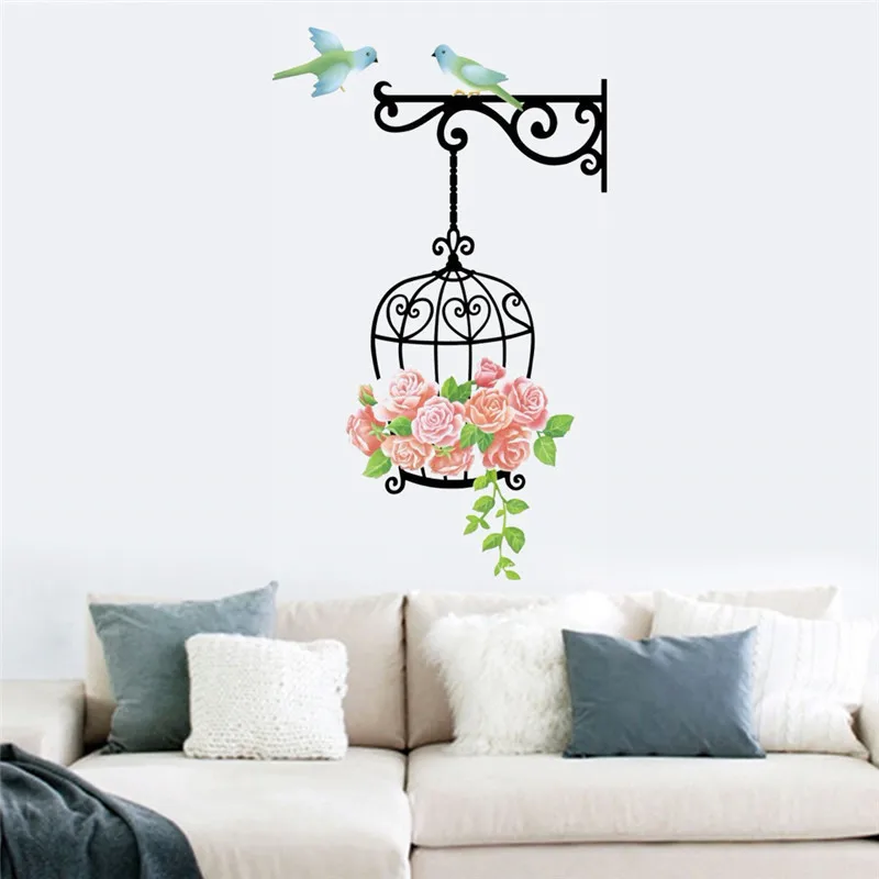 Настенный плакат из ПВХ с розовыми цветами птицами черной птичьей клеткой|stickers