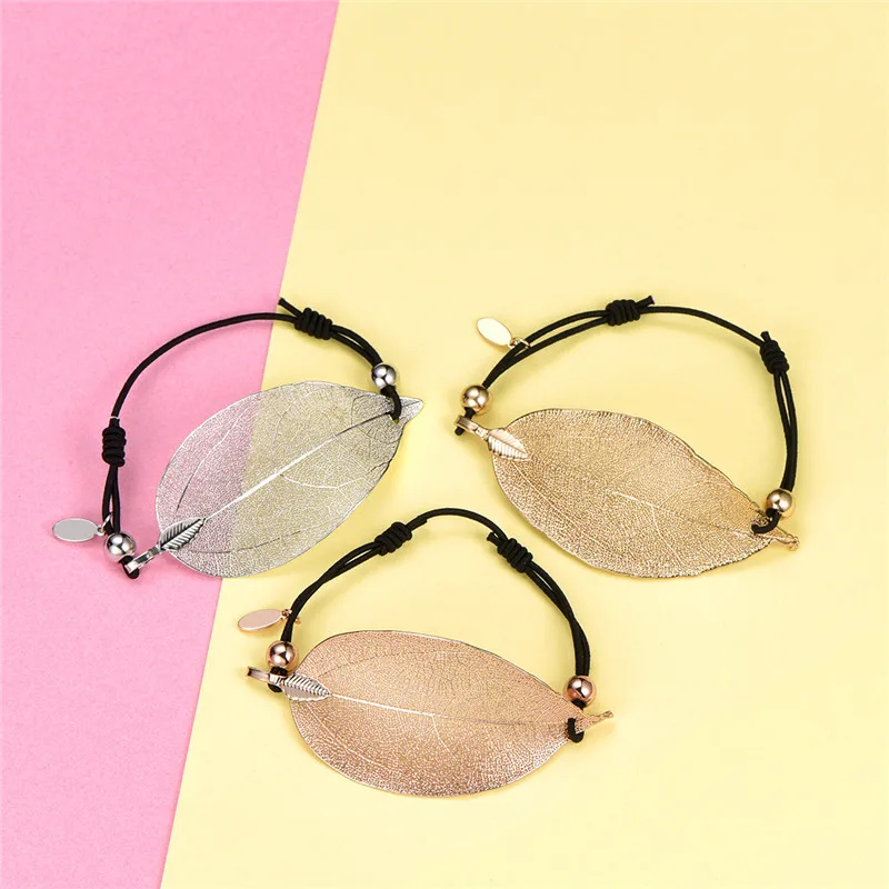 Настоящие позолоченные браслеты с подвеской в виде листьев эластичная веревка