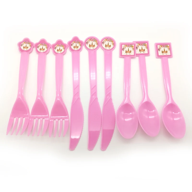 

10pcs/lot Unicorn Theme Happy Birthday Party Plastic Tableware Baby Shower Decoration Pink Spoons Kids Girls Favors Forks Knife