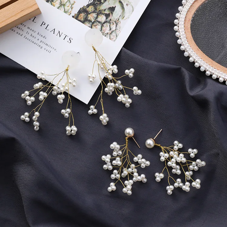 Latest Design Minimalism Gold Color Long Branches Pearls Drop Earrings For Women Ladies Chic Blossom Pearl Flower Dangle Earring