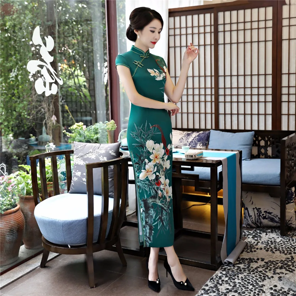 Шанхай история искусственного шелка Qipao Платье длинное Cheongsam национальный тренд платья короткий рукав тонкий Традиционный китайский платье для женщин