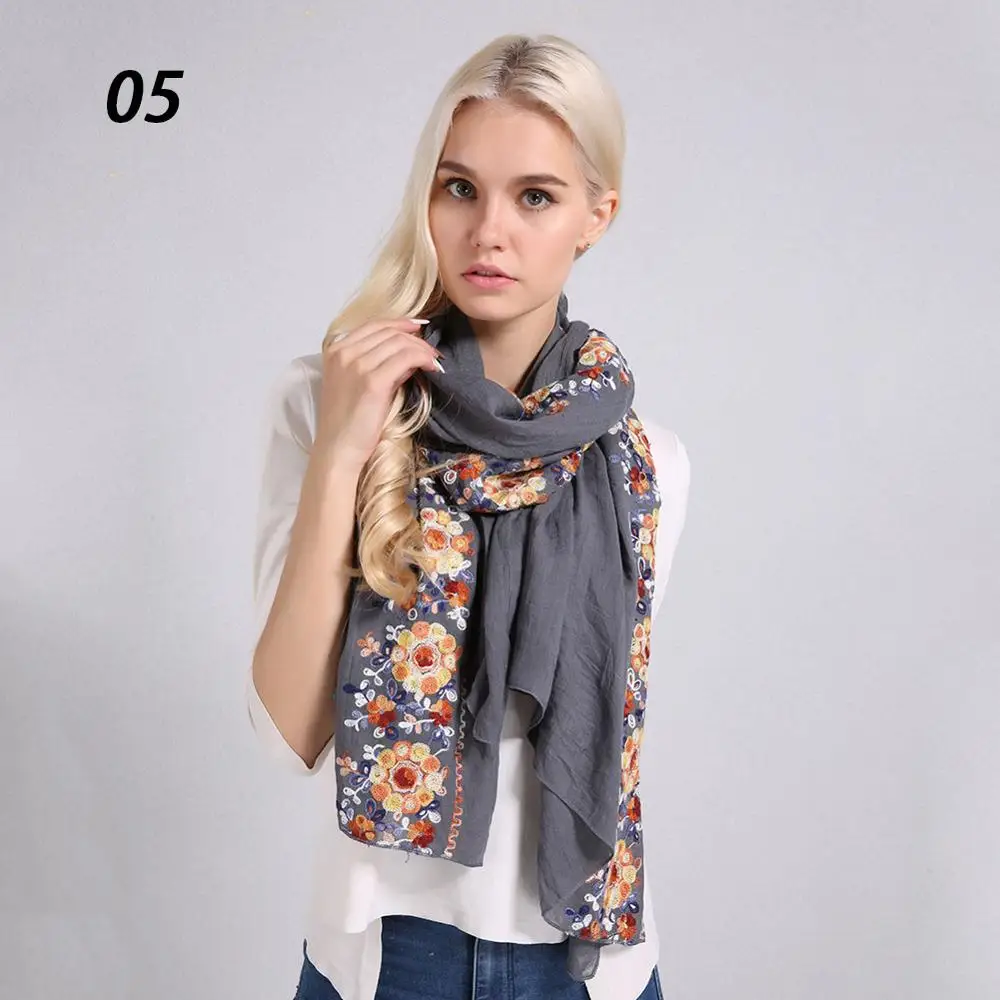 05 Grey Sparsil, женские весенние элегантные хлопковые льняные шарфы, двухрядные, с цветочной вышивкой, мягкая большая шаль, Солнцезащитная тонкая пляжная Пашмина - Цвет: 05 Grey